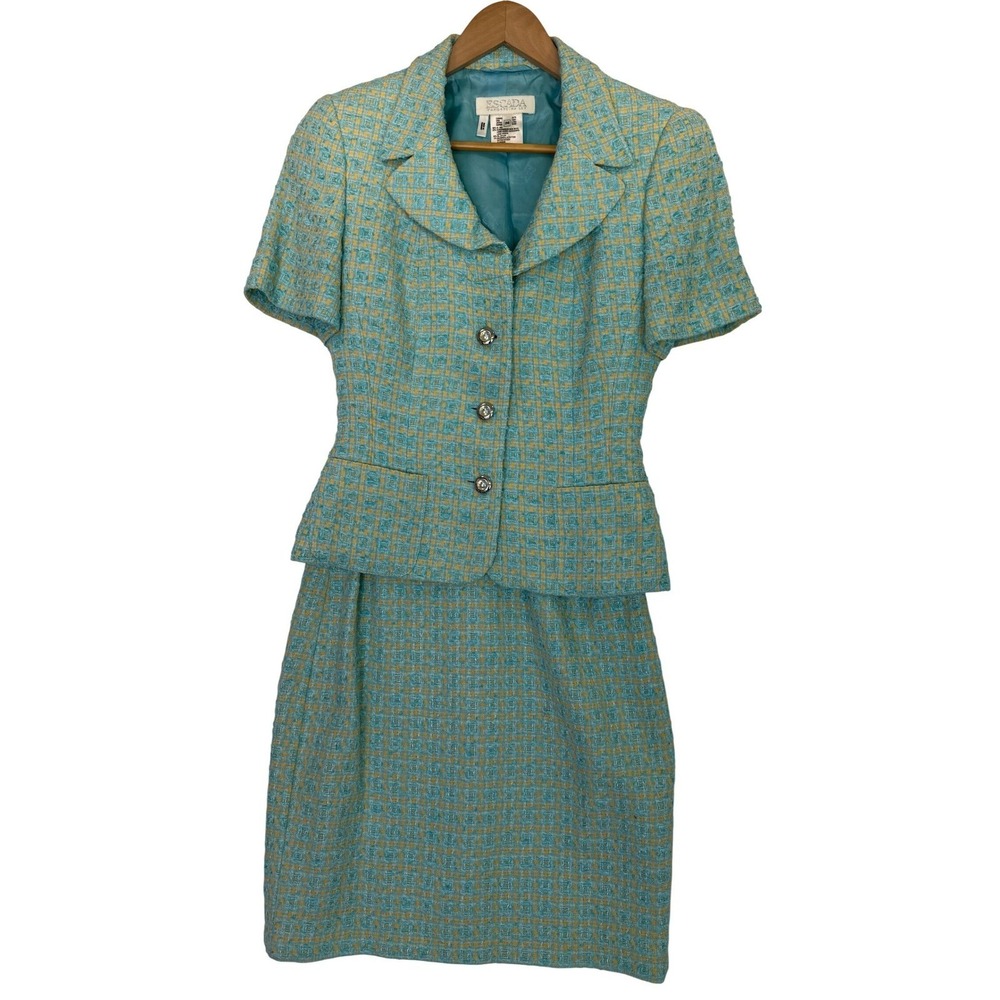 Escada Rare‎ Boucle Tweed Aqua Gold Suit Jacket Dress Set EUC Size 36 (S/M)